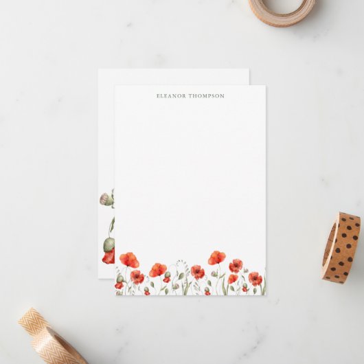 Red Poppy Floral Specialized Name Stationery Notitiekaartje (Voorkant / Achterkant in situ)