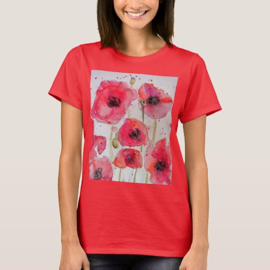 Red Poppy floral Waterverf Art Flower Pattern T-shirt (Voorkant)