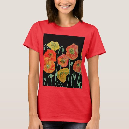 Red Poppy floral Waterverf Art Flower Pattern T-shirt (Voorkant)