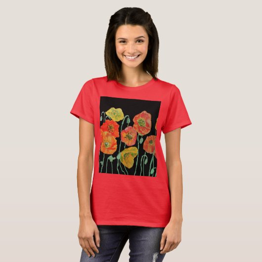 Red Poppy floral Waterverf Art Flower Pattern T-shirt (Voorkant volledig)