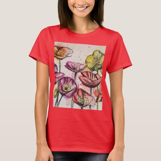 Red Poppy floral Waterverf Art Flower Pattern T-shirt (Voorkant)