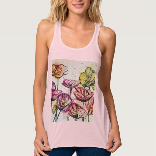 Red Poppy floral Waterverf Art Flower Pattern Tanktop (Voorkant)