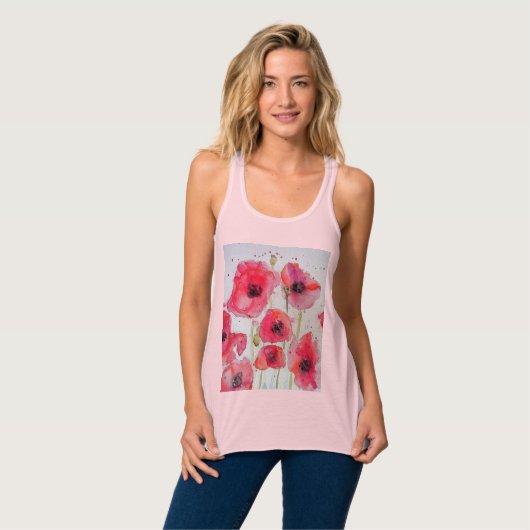 Red Poppy floral Waterverf Art Flower Pattern Tanktop (Volledige Voorkant)