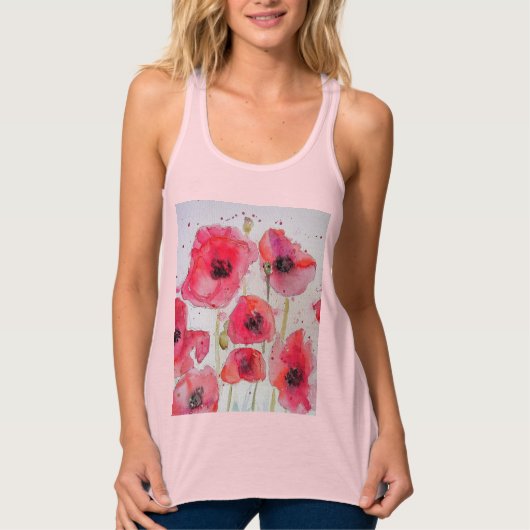 Red Poppy floral Waterverf Art Flower Pattern Tanktop (Voorkant)