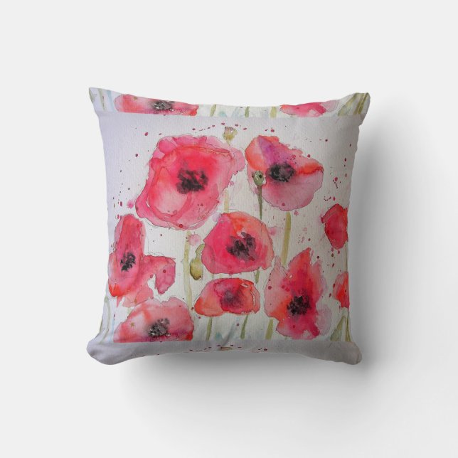 Red Poppy Floral Waterverf Kussen (Voorkant)
