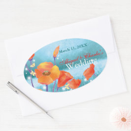 Red Poppy Floral Wedding Save the Date Ovale Sticker