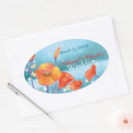 Red Poppy Floral Wedding Save the Date Ovale Sticker (Envelop)