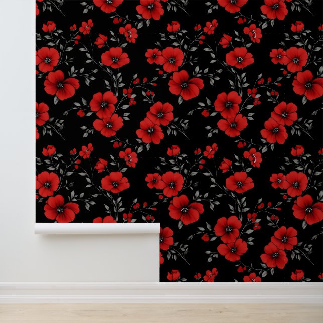 Red Poppy Flower Pattern Behang (Applicatie)