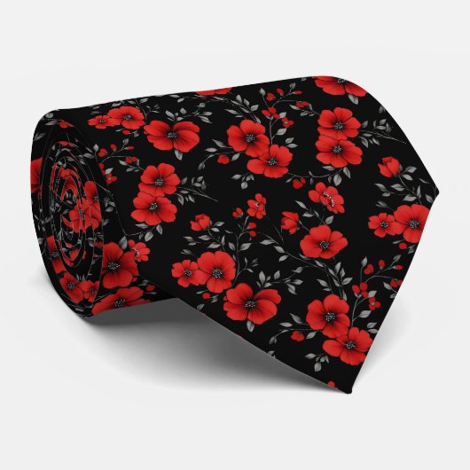 Red Poppy Flower Pattern Stropdas (Opgerold)