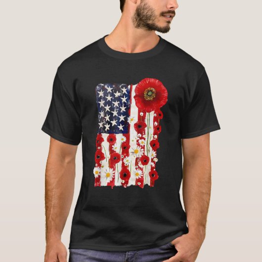 Red Poppy Flower US Flag Patriotic Veterans Day Me T-shirt (Voorkant)