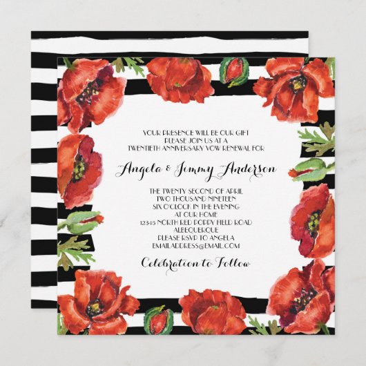 Red Poppy Flowers Black Striped Vow Renewal Kaart (Voorkant / Achterkant)