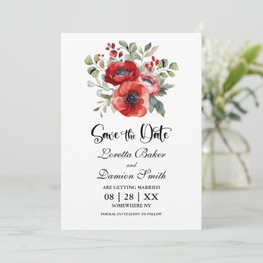 Red Poppy Flowers Bruiloft Save the Date (Staand voorkant)