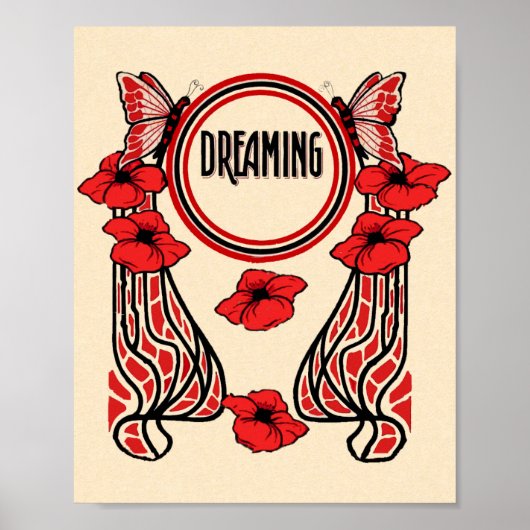 Red Poppy Flowers Butterfly Abstract Dreaming Poster (Voorkant)