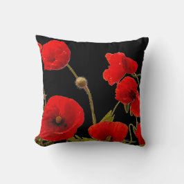 Red Poppy Flowers Colorful Floral Abstract Black Kussen