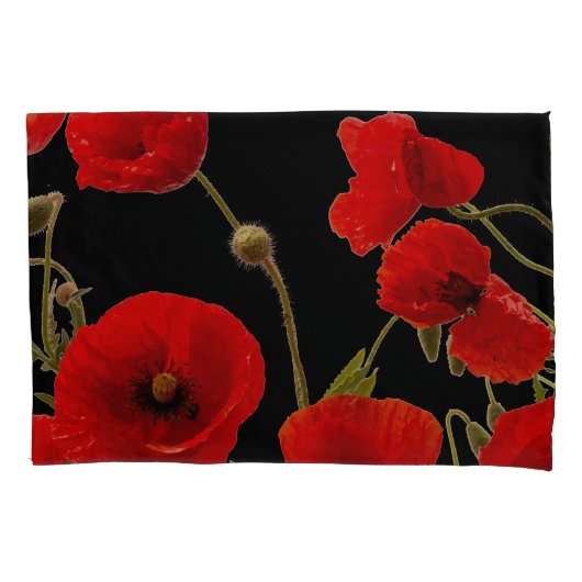Red Poppy Flowers Colorful Floral Abstract Black Kussensloop (Voorkant)