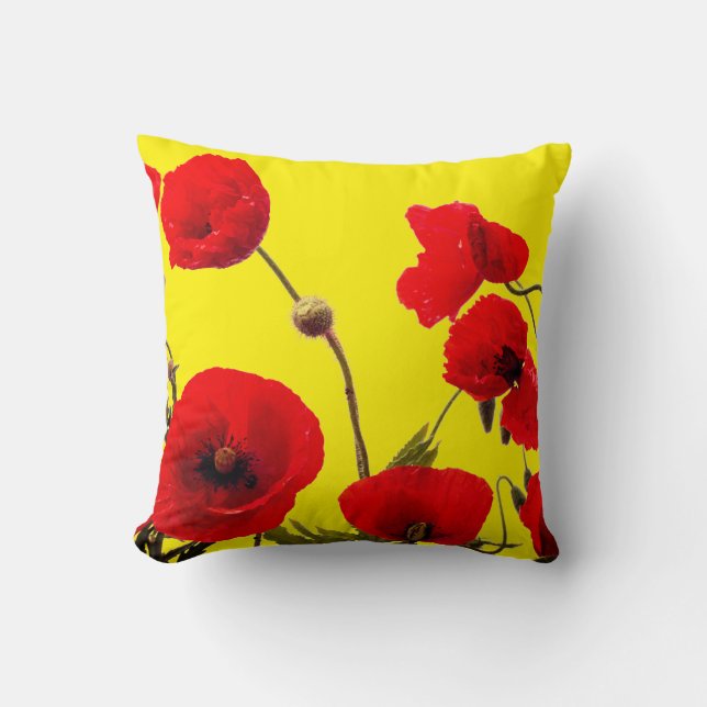 Red Poppy Flowers Colorful Floral Abstract Geel Kussen (Voorkant)