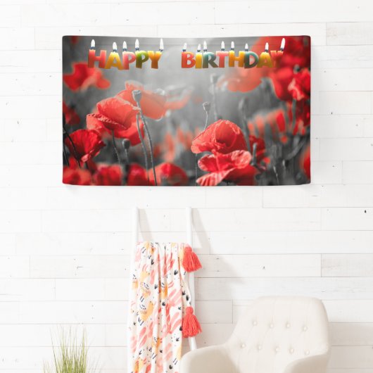 Red Poppy Flowers en Happy Birthday Kandles Spandoek (Insitu)