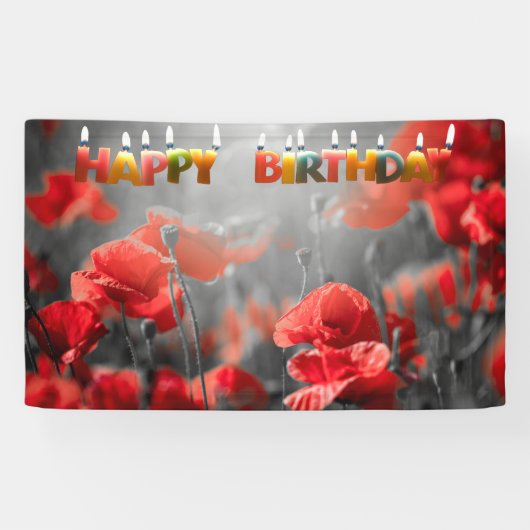 Red Poppy Flowers en Happy Birthday Kandles Spandoek (Horizontaal)