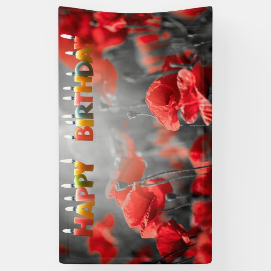 Red Poppy Flowers en Happy Birthday Kandles Spandoek (Verticaal)