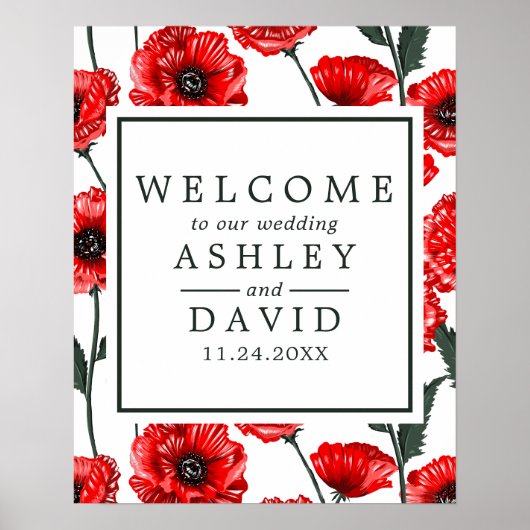 Red Poppy Flowers Floral Wedding Welcome Sign Poster (Voorkant)