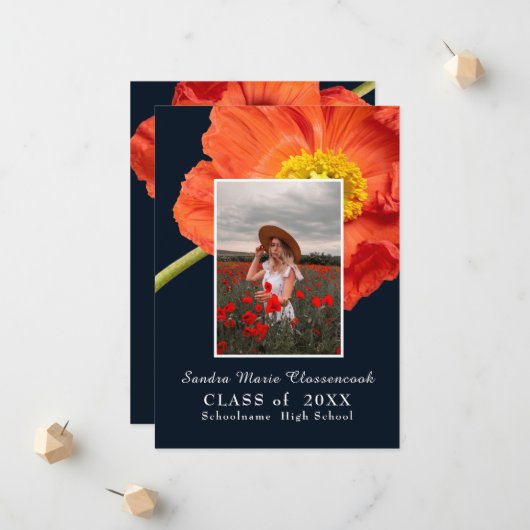 Red Poppy Flowers Foto Lijst Modern Afstuderen Aankondiging (Voorkant / Achterkant in situ)