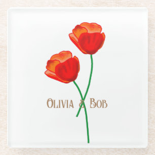 Red Poppy Flowers gepersonaliseerd Glazen Onderzetter