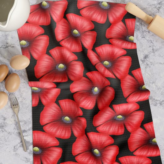Red Poppy Flowers op Black Kitchen Towel Theedoek