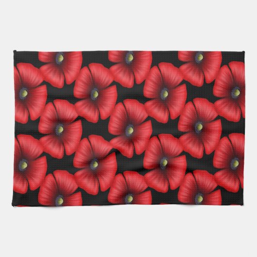 Red Poppy Flowers op Black Kitchen Towel Theedoek (Horizontaal)