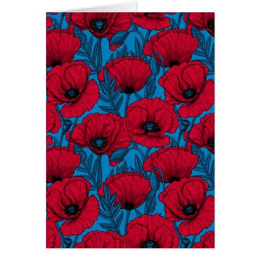 Red poppy garden on blue (Voorkant)