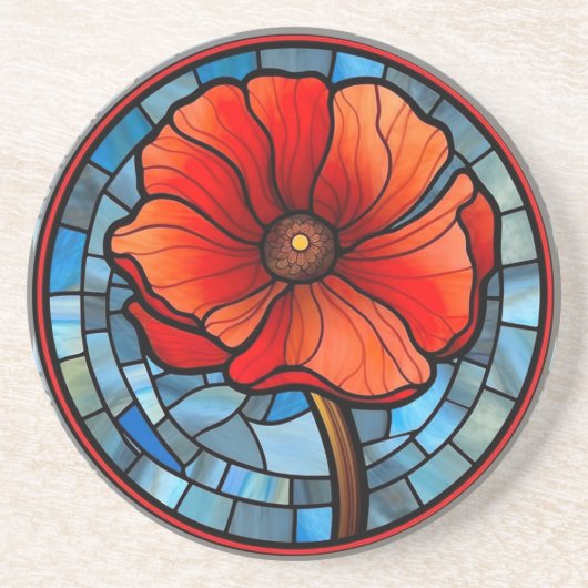 Red Poppy Glas in lood Zandsteen Onderzetter (Voorkant)