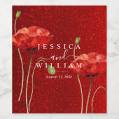 Red Poppy Glittery Elegant Wedding Wijn Etiket (Enkel label)