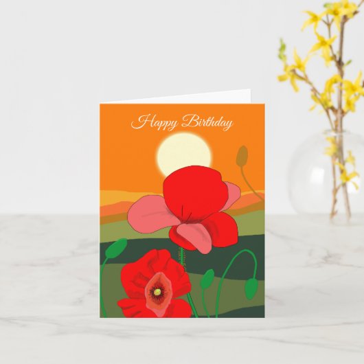 Red Poppy Meadow op Sunset Botanical Personalized Kaart (Gele Bloem)