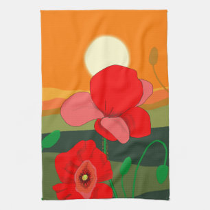 Red Poppy Meadow op Sunset Theedoek