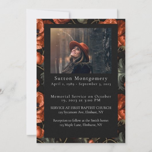 Red Poppy Moody Foto Uitvaart Aankondiging (Voorkant)