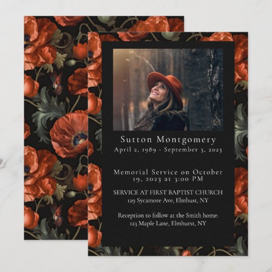Red Poppy Moody Foto Uitvaart Aankondiging (Voorkant / Achterkant)