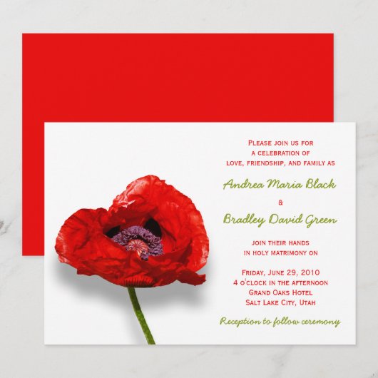Red Poppy on White Wedding Invitation Kaart (Voorkant / Achterkant)