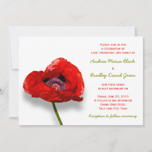 Red Poppy on White Wedding Invitation Kaart