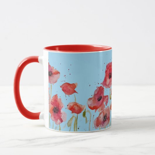 Red Poppy op Blue Waterverf Poppies Art Mok (Links)