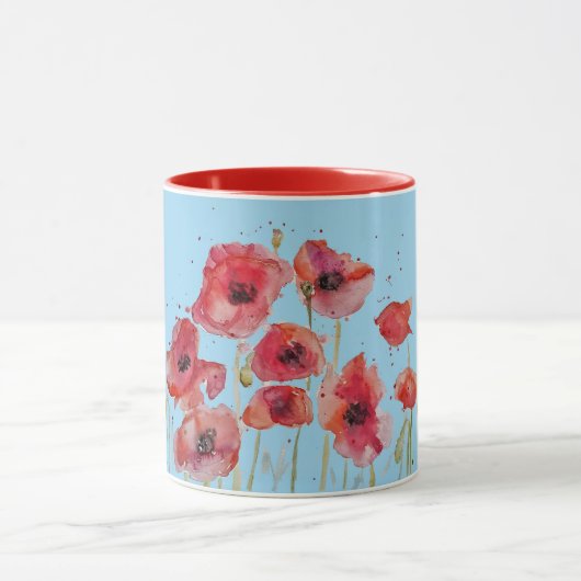 Red Poppy op Blue Waterverf Poppies Art Mok (Midden)