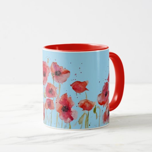 Red Poppy op Blue Waterverf Poppies Art Mok (Voorkant rechts)