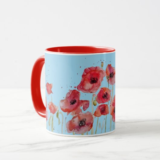 Red Poppy op Blue Waterverf Poppies Art Mok (Voorkant links)