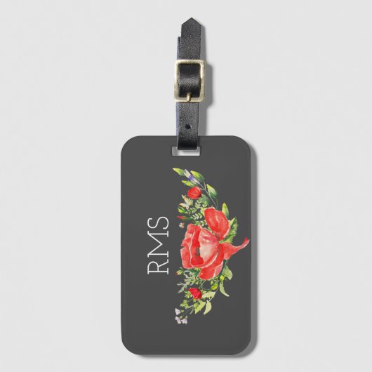 Red Poppy op grijs  monogram Bagagelabel (Voorkant (verticaal))