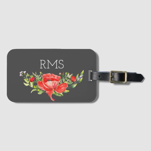Red Poppy op grijs  monogram Bagagelabel (Voorkant (horizontaal))