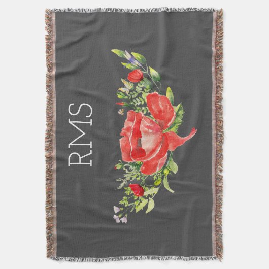 Red Poppy op grijs monogram Deken (Voorkant Verticaal)