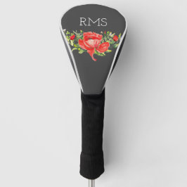 Red Poppy op grijs  monogram Golfheadcover