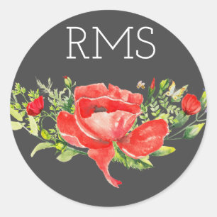 Red Poppy op grijs  monogram Ronde Sticker