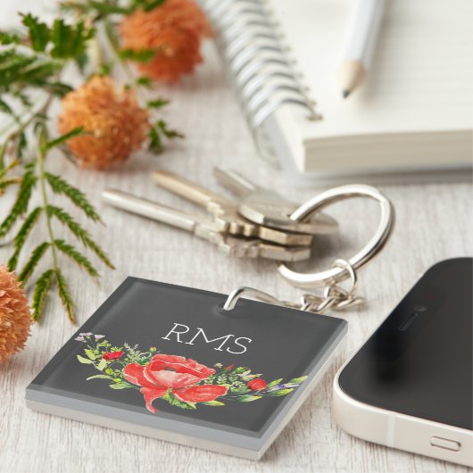 Red Poppy op grijs  monogram Sleutelhanger (Voorkant Rechts)