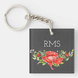 Red Poppy op grijs monogram Sleutelhanger