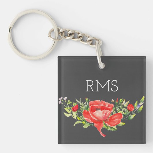Red Poppy op grijs  monogram Sleutelhanger (voorkant)