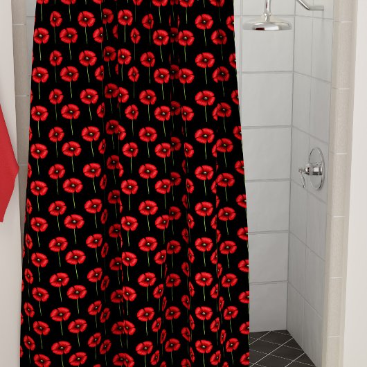 Red Poppy Pattern on Black Shower Curtain Douchegordijn